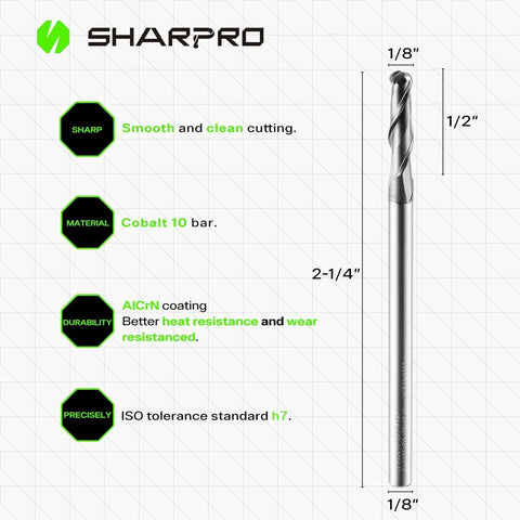 Carbide Ball Nose End Mill 2 Flute 1/8 Inch Shank AlCrN Coated High Speed Deep Cutting tool with dimensions and features.