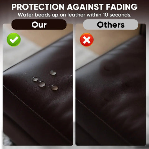 Comparison showing Dark Brown Leather Recoloring Balm for Scratch Repair and Color Restore, 10 Oz on leather protecting against water.