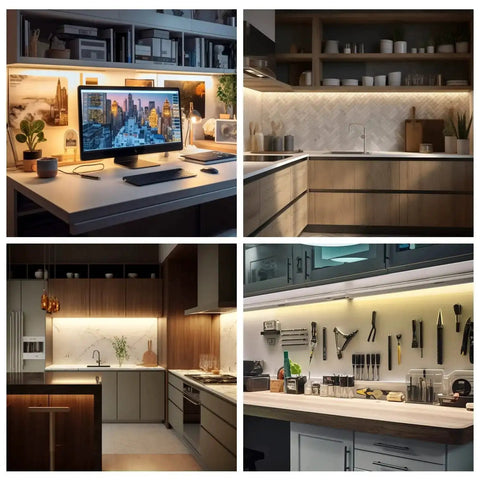 Wave On Wave Off Hands Free Under Cabinet LED Lighting Kit installed in kitchen, garage, and office settings, warm white 3000K LED bars.
