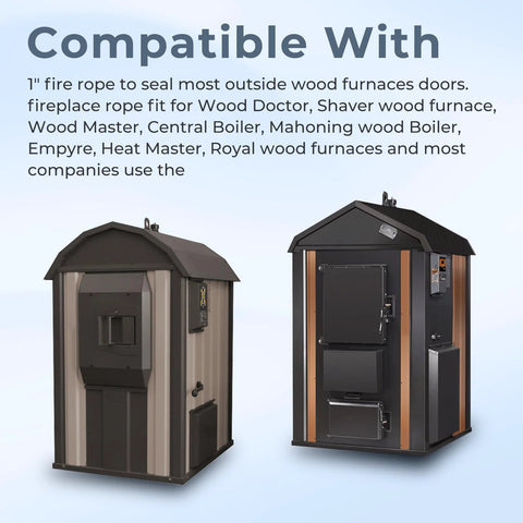 Wood stove gasket rope compatibility banner showing two wood-burning stoves against a pale blue background