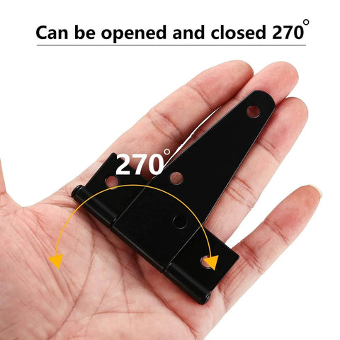 Person holding a 3-inch heavy-duty black T-strap hinge, demonstrating 270-degree opening for the 4 Pack 3 Inch T Strap Hinges Heavy Duty Outdoor Black Tee Hinge For Wooden Fences Barn Doors Gates Shed Doors Hardware Durable Corrosion Resistant Construction With Smooth Burr Free Edges.