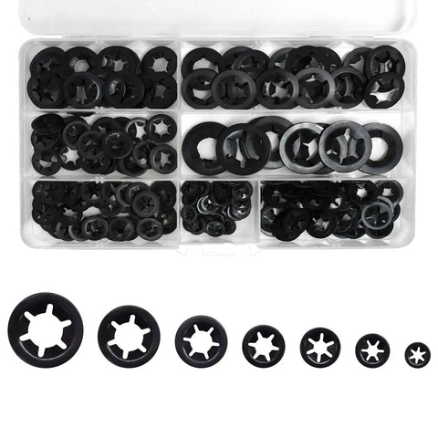 Front view of Renashed 340-piece internal-tooth star lock washer kit in a clear plastic organizer; black oxide finish, M3–M12.