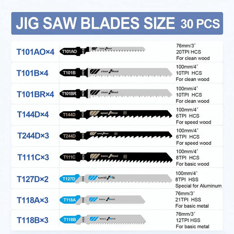 30-Piece Jigsaw Blades Set For Wood Metal And Plastic Cutting By Craluuur, T-Shank Variety Pack Includes T101AO T101B T101BR