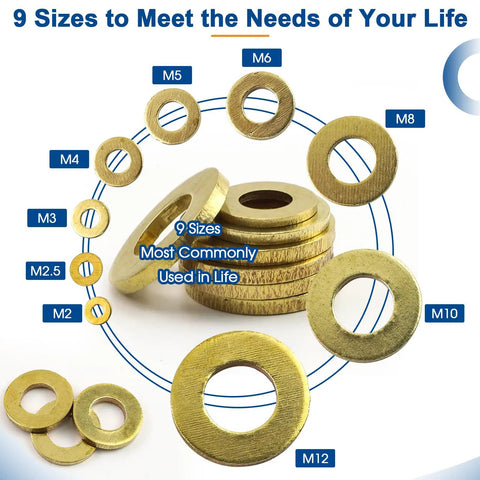 315 Piece Brass Washer Set With Nine Metric Sizes M2 M2.5 M3 M4 M5 M6 M8 M10 M12 Flat Washers Pro Grade Assortment For Screws And Bolts