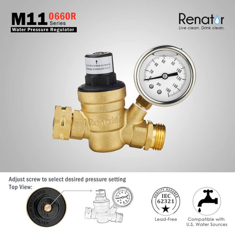 Brass Renator RV water pressure regulator with gauge for camper travel trailer; adjustable screw, lead-free.