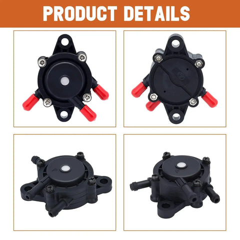 Front and side views of Fuel Pump For Lawn Mower Engines 808656 808492 491922 Kohler Honda Kawasaki Compatible With 2439316S.