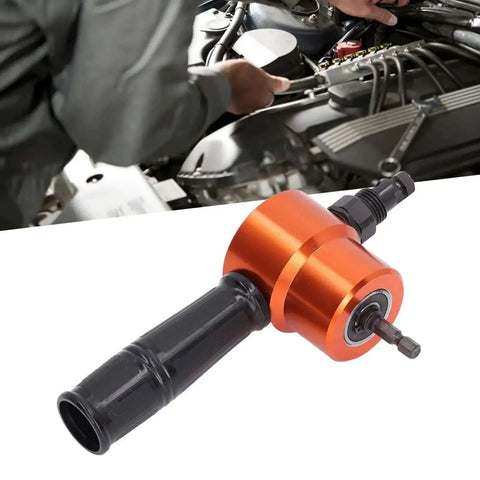 Close-up of 360 Degree Double Head Metal Cutter Tool with Electric Nibbler Attachment for precise sheet metal cuts in auto projects.