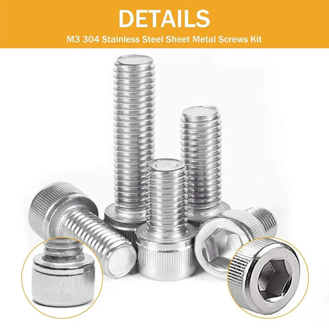 M3 Hex Socket Cap Screws Nuts Kit In Stainless Steel Assortment with close-up of screw head detail and thread design