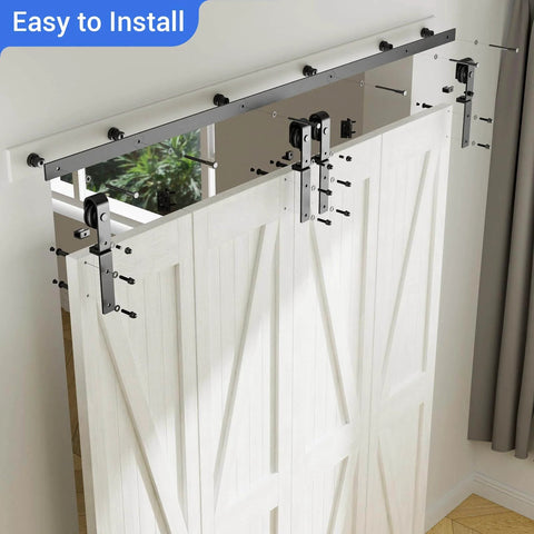 10Ft Bi Folding Sliding Barn Door Hardware Kit For Four Doors Black Track With J Shape Rollers installed view
