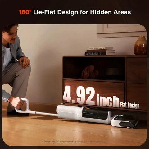 All In One Cordless Vacuum Mop For Hard Floors With 20000Pa Suction Wet Dry Cleaning Edge To Edge Self Cleaning Electric Mop With 180 Degree Lie Flat Perfect For Tile Hardwood Vinyl Laminate Floors showing lie-flat design.