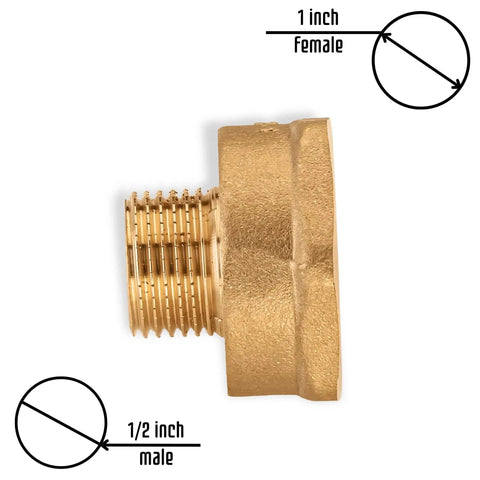 Side view of brass pipe fittings adapter half inch male to one inch female threaded nipple, corrosion resistant and high temperature rated.