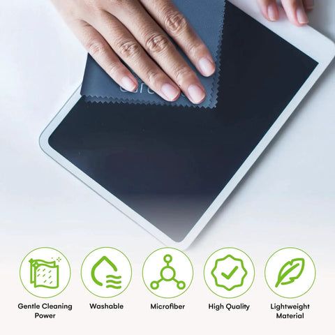 Hand using Microfiber Cleaning Cloths For Glasses And Screens 6 Pack Large Lint Free on tablet screen