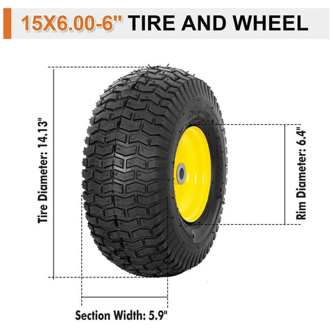 Image of 15x6.00-6 tire and wheel with dimensions, part of 2 Pack Front Tire And Wheel Assembly For Riding Mowers 15x6.00-6 Fits 100 And 300 Series