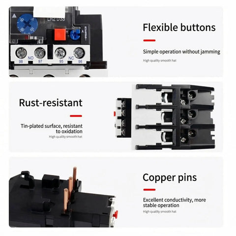 Three Phase Motor Protection Relay With 7-10A Adjustable Overload, featuring flexible buttons, rust-resistant surface, and copper pins.