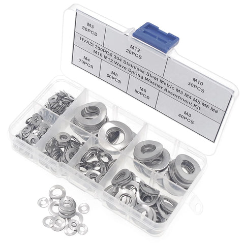 Wave spring washer assortment kit in clear plastic case; stainless steel 304, metric M3–M12, 350 pcs