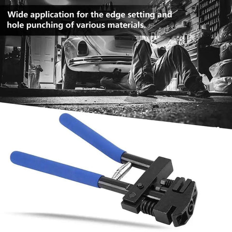 Handheld 5Mm Hole Punch And Panel Flanging Plier For Sheet Metal Repair with blue handles, used in car body work and fabrication.