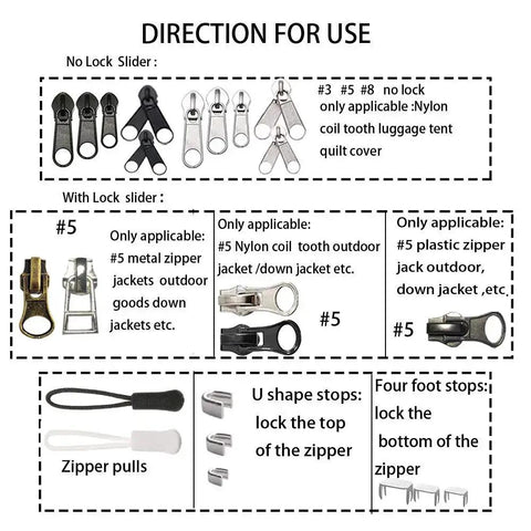 255 Piece Zipper Repair Kit With Replacement Sliders For Size 3 5 8 Nylon And Metal Zippers Pliers Tool And Zip Extension Pulls Ideal For Jackets Luggage Backpacks Tents Sleeping Bags Easy Fix DIY, slider directions chart.