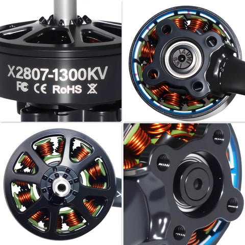Close-up of X2807 1300KV FPV brushless motors showing internal coils and mounting features for 7-8 inch racing quadcopters.