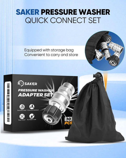 Saker pressure washer quick-connect set, 10 pcs, stainless steel hose adapters with storage bag