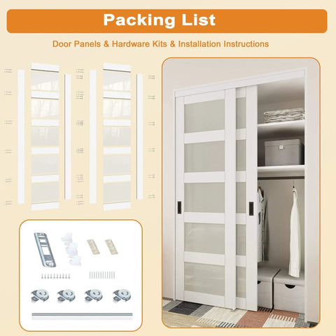 Frosted 5 Panel Tempered Glass Closet Sliding Door, 48 By 80 Inches, Double Barn Style With Hardware Kit, shown installed in closet.