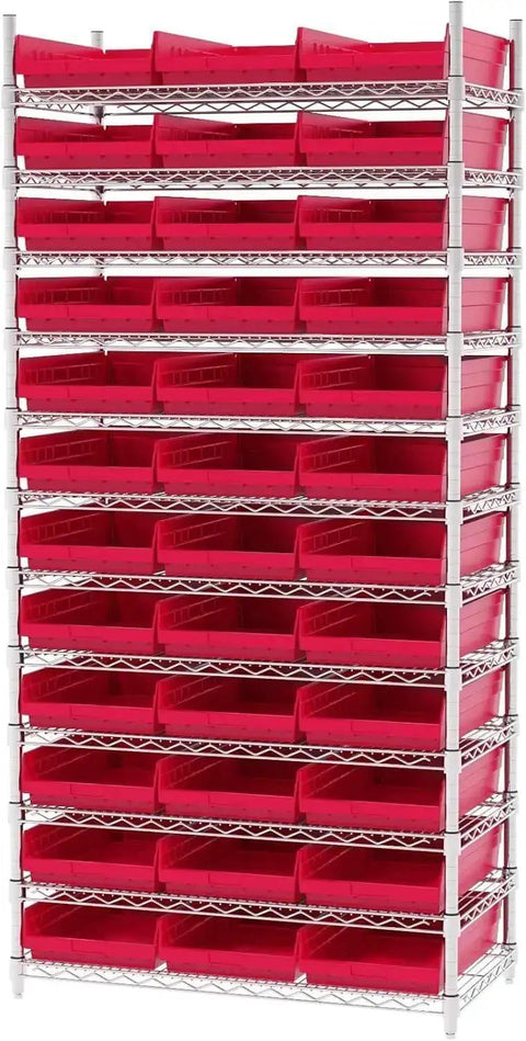 Heavy Duty Plastic Shelf Bins For Garage, Closet, And Drawer Organization, 12 Pack, Red, 18 x 11 x 4 Inches, stacked on shelves