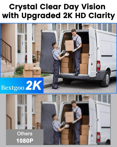 Two delivery men unloading boxes from a van beside a building, demonstrating 2K HD clarity with text 'Crystal Clear Day Vision'.