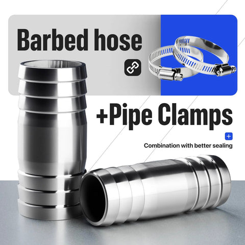 Two 3/4-inch stainless steel hose barb fittings with clamps, 4-inch length