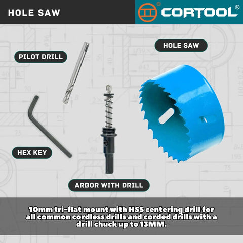 Components of 3 Inch Hole Saw With Arbor For Metal And Wood Cutting Bi Metal Hole Cutter Kit, including hole saw, pilot drill, hex key, and arbor with drill.