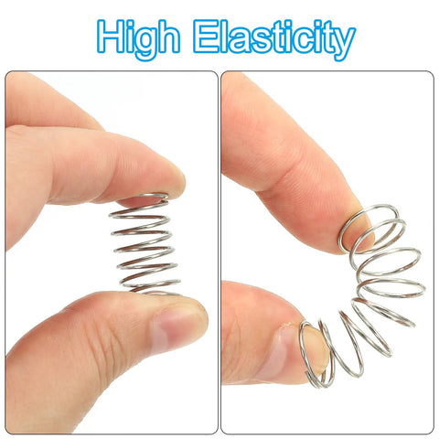 PATIKIL compression spring, 0.8 mm wire, 10 mm OD, 305 mm long, 304 stainless steel, held between fingers in two views