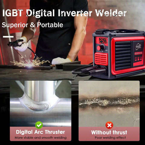 Upgraded MMA-250A 110V Portable Stick Welder With IGBT Inverter, Digital LCD Display, Hot Start Arc Force, Anti Stick, shown on a table