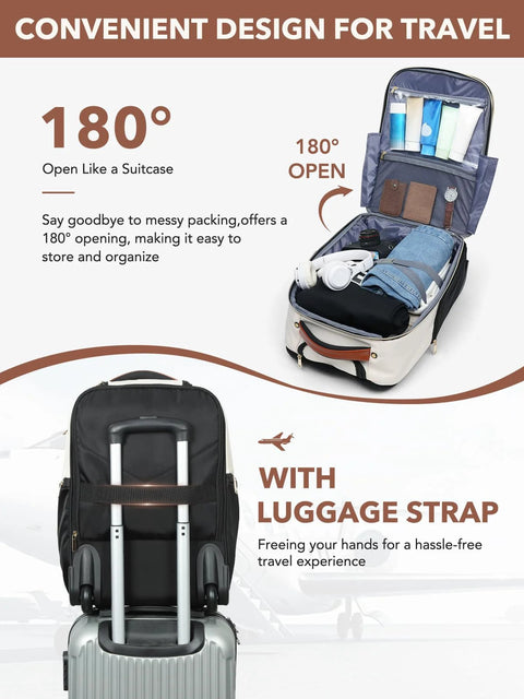 Open view of two in one rolling backpack and suitcase for women carry on luggage 22 inch flight approved XL beige with wheels