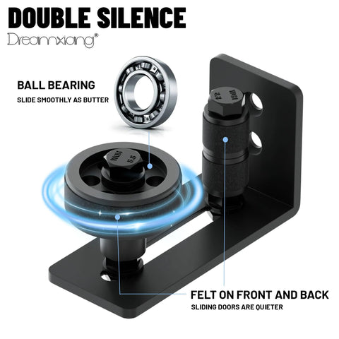 Sliding Barn Door Floor Guide With Wall Mount Stay Roller And Eight Setup Options Adjustable Flush Flat Bottom Door Guides Non Scratch Barn Door Hardware Kit With Felt Strips Two Pack, close-up view showing ball bearing and felt strips.