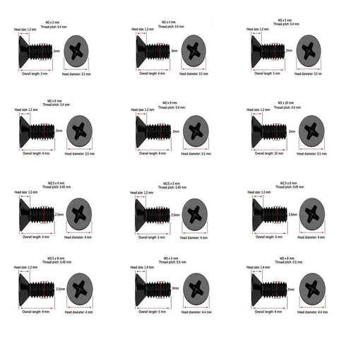 Detailed view of Laptop Screws Replacement Kit, 240 Pieces In M2, M2.5, M3 Sizes, Alloy Steel, showing various dimensions.