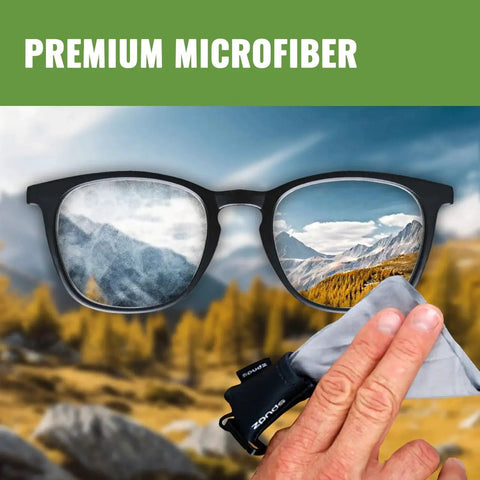 Person using Premium Microfiber Screen Cleaner Cloth In Neoprene Pouch With Clip For Glasses on black frames