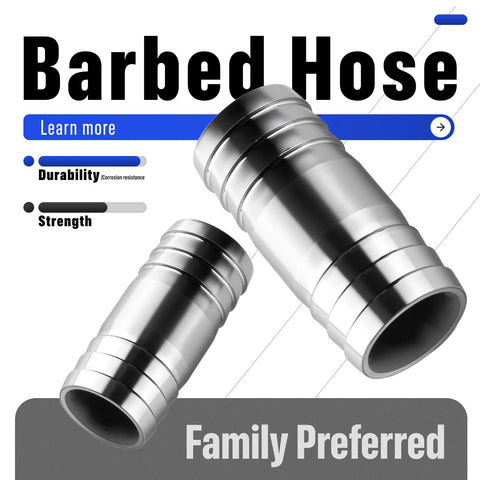 Two 3/4 in stainless steel hose barb fittings, 4 in long, sanitary barbed splicer union, Family Preferred