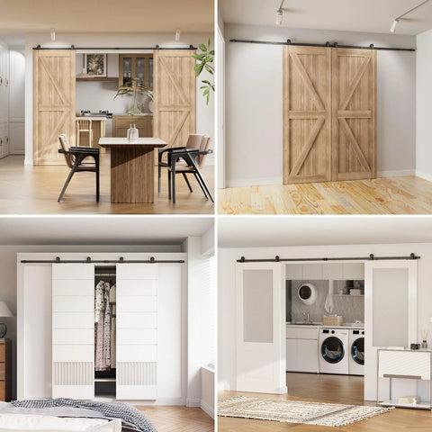 9Ft Sliding Barn Door Hardware Kit With Heavy Duty T Shaped Track in Black, installed on wooden and white panel double doors in interior settings.