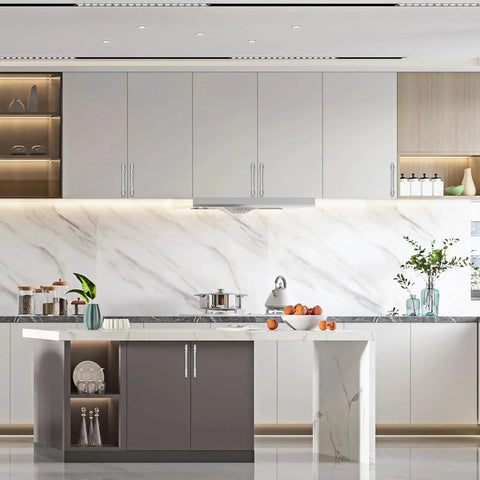 Modern kitchen with 10 Pack 5 Inch Polished Chrome Kitchen Cabinet Handles And Drawer Pulls Set on white cabinets.