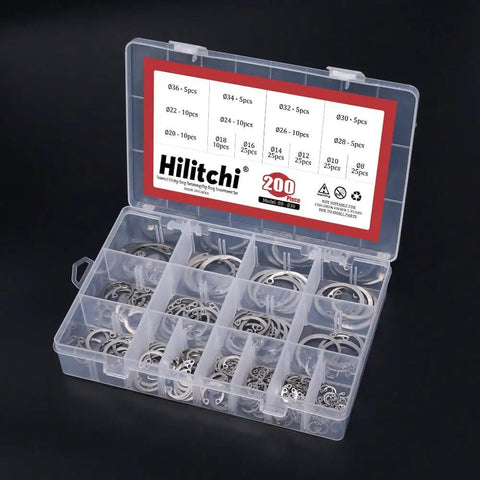 Open box of Internal Circlip Snap Ring Kit 200-Piece 15-Size Assortment In 304 Stainless Steel with labeled compartments