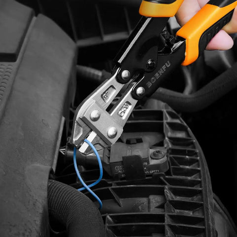 8 Inch Portable Mini Bolt Cutter With Spring Loaded Action And Anti Slip Handle cutting blue wire in automotive setting
