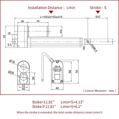 Technical drawing of Beefed Up Electric Linear Actuator 150mm Stroke 5.9 Inch 220 Lb Thrust High Speed 0.47 Inch Per Second 12V