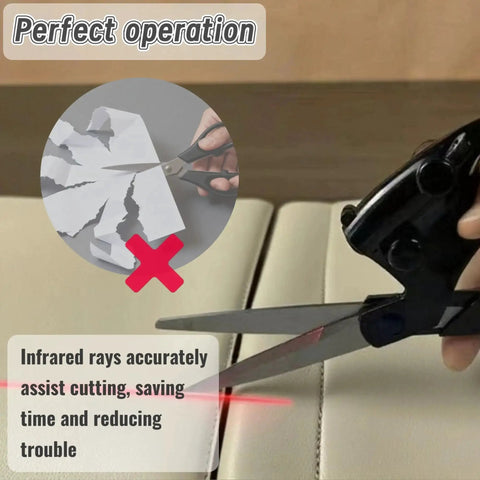 Pro Laser Guided Fabric Scissors for Precise Cuts, Infrared Guide and Light Assist, ergonomic handle close-up with laser beam