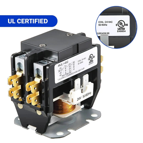 1 Pc HVAC Contactor 24V Coil 2 Pole 40 Amp Drop In Replacement UL certified relay, close-up of labels and design