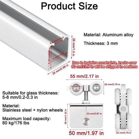 Diagram of Ultra Quiet Roller Sliding Glass Door Track Kit with aluminum alloy material, showing dimensions and specifications.