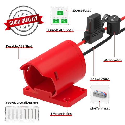 Two Pack Power Wheel Battery Adapter Kit For Milwaukee 12V with 30A Fuse, ABS shell, switch, 12AWG wire, and terminal set.