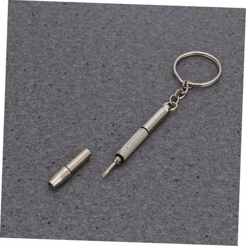 Must Have Mini Screw Kit Set Stainless Steel Miniature Screws With Screwdriver And Tweezers For Glasses Watches Cameras And More Rust Resistant Long Lasting Repair Kit, showing screwdriver keychain on gray background