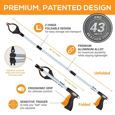 Foldable 43 Inch Grabber Reacher Tool For Seniors And Elderly With Magnetic Tip and Heavy Duty Claw Grabber shown unfolded and folded