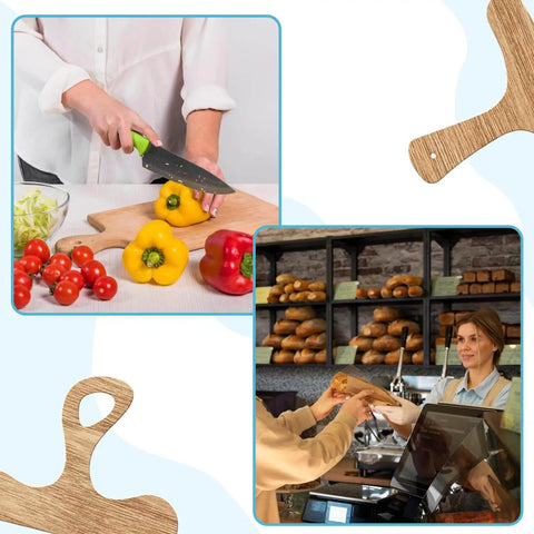 Person slicing vegetables with knife on cutting board and another person serving bread in a bakery, clear acrylic stencils visible.