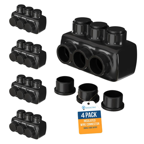 OHLECTRIC 4-pack insulated 3-port wire connector block, single-side entry, black for 4–14 AWG