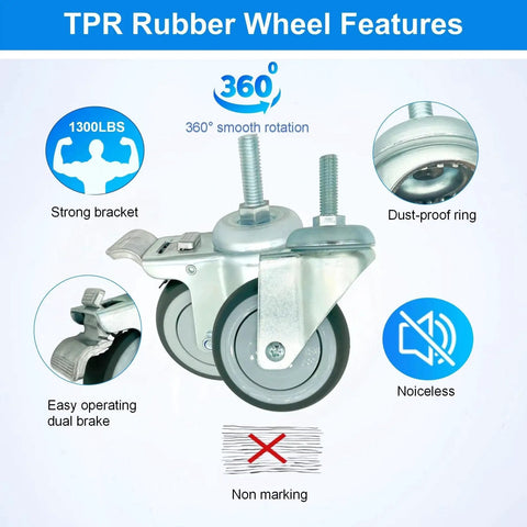 4 Inch Swivel Caster Wheels Heavy Duty With Nylon Brake Set Of 4 TPR Rubber Wheels showcasing features like 360 rotation and dust-proof ring