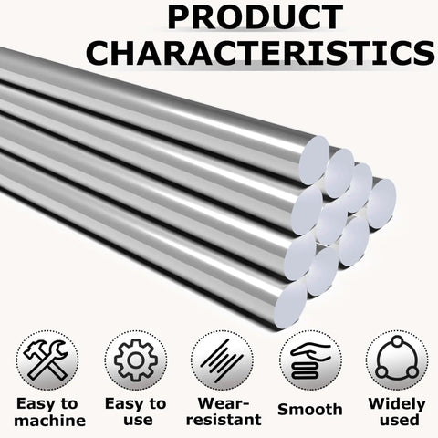 Four Pack Of 304 Stainless Steel Round Rods In One Quarter Inch Diameter By Six Inch Length Ideal For DIY Metalworking Welding Crafting Machining And Construction Projects shown from side with characteristics icons.